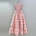 Elegant Spliced Tiered Ruffles Dress for Women O Neck Sleeveless Patchwork Lace Up Slim Formal Evening Puff Dresses Female