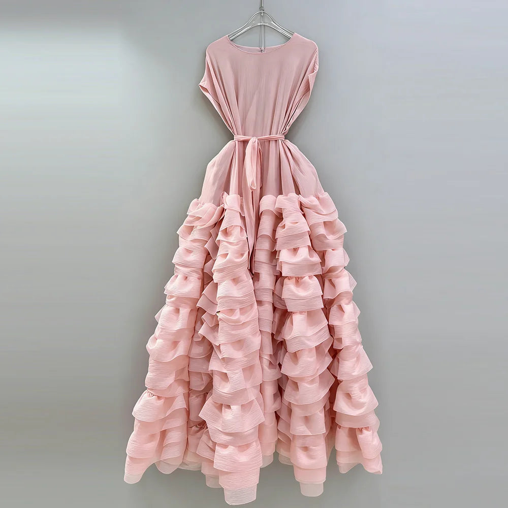 Elegant Spliced Tiered Ruffles Dress for Women O Neck Sleeveless Patchwork Lace Up Slim Formal Evening Puff Dresses Female