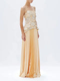 Elegant Two Piece Sets For Women Solid Splicing Embroidered Flower Strapless Top+Pleated Long Skirt Set Female New