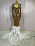 New Sexy Sparkling Red Crystals Feathers Long Sleeve Mermaid Maxi Dress Women Wedding Celebrate Luxury Birthday Party Prom Gown