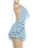 Ruched Elegant 2 Piece Set Woman Tierred Design Halter Backless Irregular Tops+Mini Shorts Beach Party Style Suits
