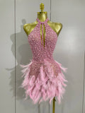 Women Sexy Celebrate Birthday Dress Luxury Rhinestones Pearls Feathers Halter Backless Short Dress Nightclub Bar Stage Costume