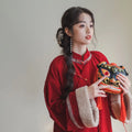 Autumn And Winter New Improved Velvet Thickened Red Cheongsam Skirt New Year Red Warm Qipao Dress Chinese Skirt two-piece Set