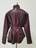 American Retro Burgundy Leather Jacket for Women Stand Collar Long Sleeves Slimming Design Coat Female Winter New