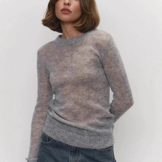 Mohair Round Neck Pullover Sweater For Women 2025 Spring Summer New Knitted Bottom Semi-sheer Knit Sweater Female Top