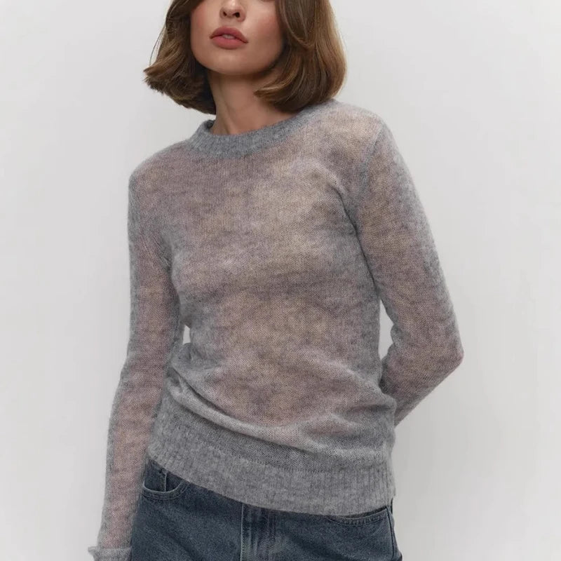 Mohair Round Neck Pullover Sweater For Women 2025 Spring Summer New Knitted Bottom Semi-sheer Knit Sweater Female Top