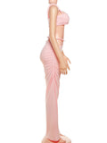 Bandage Ruched 2 Piece Set Women Square Collar Bra+Skinny Long Skirts 2025 Summer Vacation Beach Party Trend Suits
