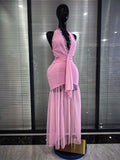 Pink Color Women Sexy Halter Off the Shoulder Draped Bodycon Long Maxi Dress Birthday Party Summer Vacation Celebrate Clothing