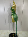 Women Sparkly Green Rhinestone Tassels Sexy Latin Dancer Mesh Bodysuit Eveing Party Birthday Nightclub Performance Stage Costume