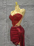 Glamorous Sparkly Red Diamonds Sexy Tops Skirt 2 PCS Set 2025 Women Celebrate Party Birthday NightClub Performance Stage Outfit