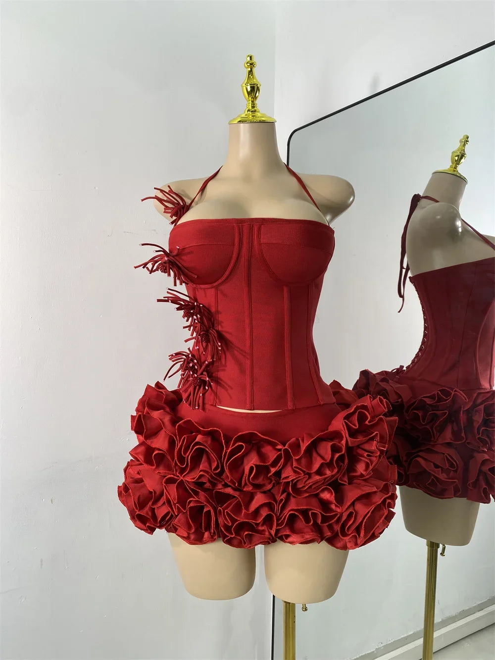 Black Bandage Floral Hather Top Short Skirt Set Women Sexy Backless Knitted Two Pieces Bandage Outfit Nightclub Wear