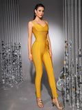 Khaki Ginger Women's V-neck Bodycon Sexy Sleeveless Rayon Bandage Jumpsuit Night Club Party Jumpsuits