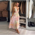 Sexy V-neck Halter Backless Printed Long Dress Women Sleeveless Lace Up High Waist Slim A-line Maxi Dress Lady Chic Casual Dress