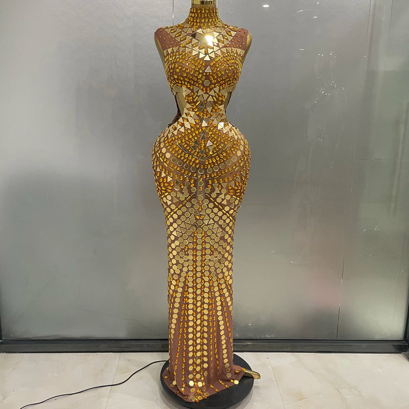 Luxury Shiny Mirror Rhinestones Hollowed-out Long Dress Women Celebrity Evening Party Catwalk Prom Stage Photo Shoot Dress