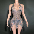 Sparkly Rhinestones Evening Prom Celebrate Birthday Dress Sexy Halter Backless Mesh Velvet Short Dress Performance Stage Wear