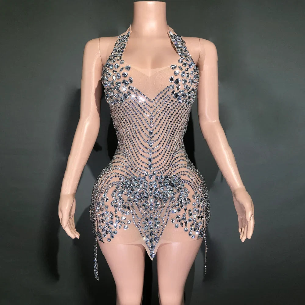 Sparkly Rhinestones Evening Prom Celebrate Birthday Dress Sexy Halter Backless Mesh Velvet Short Dress Performance Stage Wear