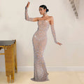 Beautiful Rhinestone Sheer Mesh Maxi Dress With Gloves Glam See-Through Diamonds Long One-Piece Dress Birthday Outfits