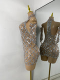 Luxury Women Sexy Sparkly Sequins Halter with Sleeves Mesh Mini Bodycon Nightclub Birthday Dress Party Performance Costume