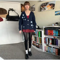 Printed V-neck Knit Cardigan Women Fashion Color Blocked Single Breasted Full Sleeve Sweater Cardigan Female Fall Chic Knitwear