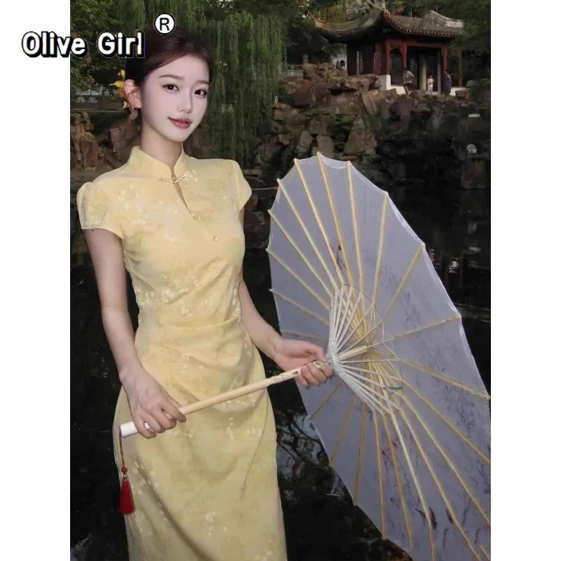 Improved Cheongsam Dress Qipao 2026 New Young Girl Orange Summer Daily Wearable Long Dress Chinese Summer Women Clothing