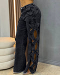 Women Streetwear Cutout Hollow Out Criss Cross Side Wide Leg  Blue Denim Pants  Fashion Sexy Party Jeans Trousers