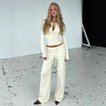 White Ribbed Knit Two Piece Set for Women Slim Button Accent Cardiagns Low Waist Loose Pant Suit for Casual Outings