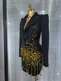 Handmake Women Long Sleeve Golden Beading Deep V-Neck Bodycon Mini Dress Celebrate Birthday Photo Shoot Performance Costume
