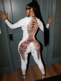 Cross Bandage Hollow Design Jumpsuits Woman o-Neck Full Sleeve Backless Skinny Peach Hip Sexy Club Party Overalls