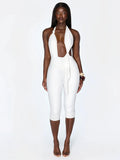 Knot Decoration Playsuit Women Halter Bandage Backless Tassel Folds Deep v-Neck Seeveless Elasticity Sexy Romper