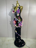 Sexy Halter Mesh See Through Long Dress Women Sparkly Diamonds 3D Flower Evening Party Birthday Photoshoot Nightclub Stage Wear