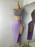 Sparkly Rhinestone Diamonds High Split Two Pieces Women Sexy Outfit Night Club Skirt Suits Dancer Singer Performance Costume