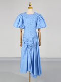 Solid Spliced Drawstring Folds Designer Maxi Dress for Women O Neck Puff Sleeve High Waist Elegant Party Dresses Female New