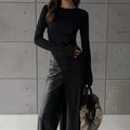 Solid Slimming Split Sexy Dresses for Women Round Neck Long Sleeves Irregular Temperament Dress Female Clothing New