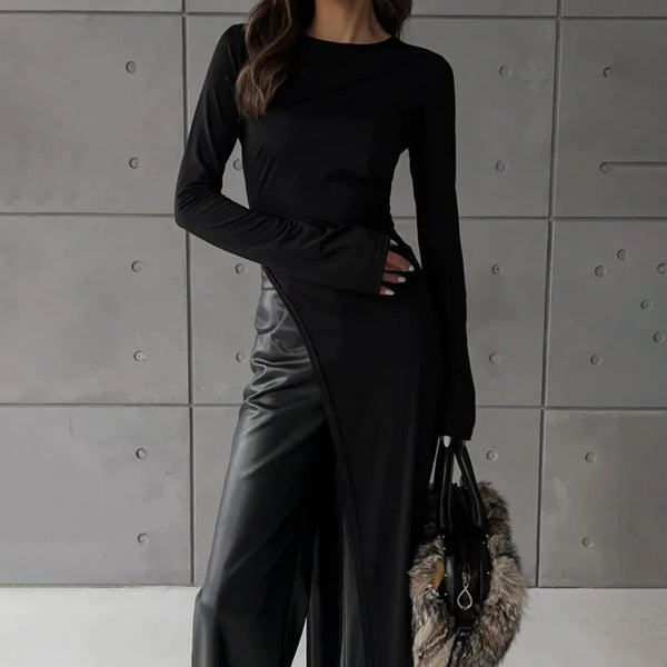 Solid Slimming Split Sexy Dresses for Women Round Neck Long Sleeves Irregular Temperament Dress Female Clothing New