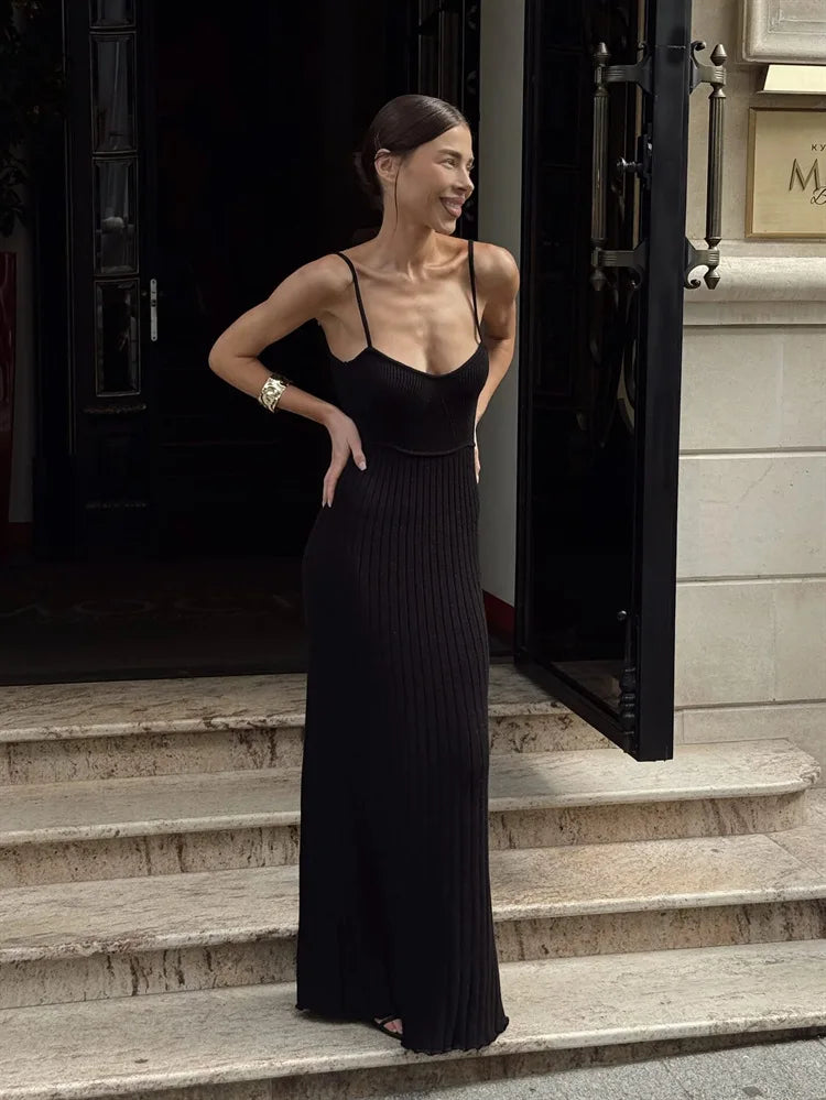 Sexy Knitted Suspender Dress For Women Summer Plunge Slim Long Dress High Waist Elegant Rib Knit Dress Vacation Clothes