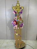 Sparkly Diamonds 3D Flower Sexy Halter Mesh See Through Long Dress Women Evening Party Birthday Photoshoot Nightclub Stage Wear