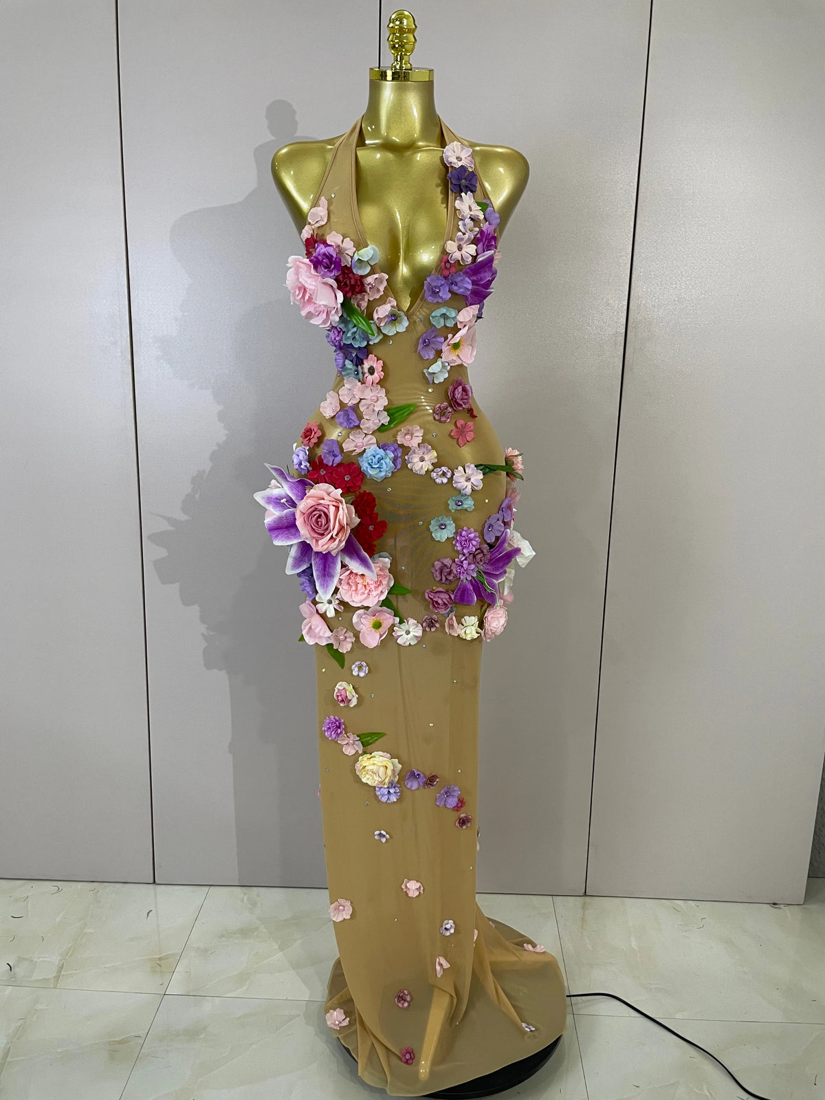 Sparkly Diamonds 3D Flower Sexy Halter Mesh See Through Long Dress Women Evening Party Birthday Photoshoot Nightclub Stage Wear