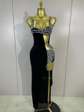 Sexy Photo Shoot Outfit Sparkly Diamonds Side Slit Black Velvet Bodycon Long Dress Women Evening Party Nightclub Stage Costumes