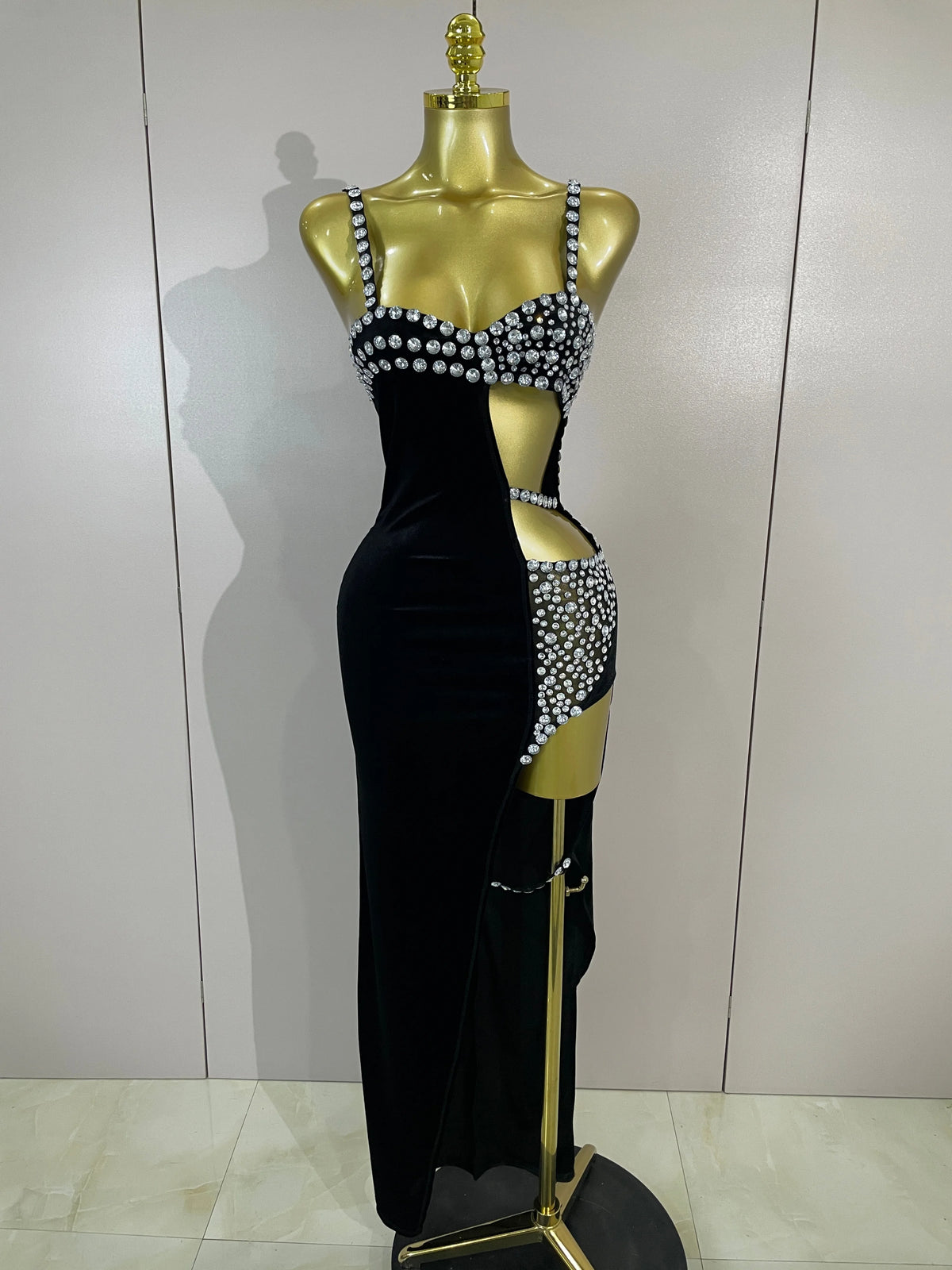 Sexy Photo Shoot Outfit Sparkly Diamonds Side Slit Black Velvet Bodycon Long Dress Women Evening Party Nightclub Stage Costumes