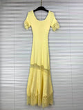 Romantic Dates Brown Ribbed Knit Mermaid Dresses for Women U Neck Short Sleeve Lace Trimmed Midi Skirt for Office Commute