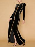Black Velvet Holiday Celebrations Maxi Gown for Women O Neck Gold Trim Slim Jewel Accent High Slit Dresses for Luxury Dinner