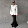 Elegant Solid Blazer Skirt Set Women Slim One Button Suit Jacket Pleated See Through Fishtail Skirts Spring Lady Party Suit