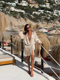 Beige Embroidered Long Tunic Top V Neck Long Sleeve Lace Fringe Hem Boho Blouse 2026 Summer Beach Vacation Cover‑up Streetwear