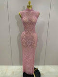 Luxury Sparkly Crystal Diamond Mesh See Through Maxi Long Dress Women Elegant Party Costume Singer Sexy Stage Performance Outfit