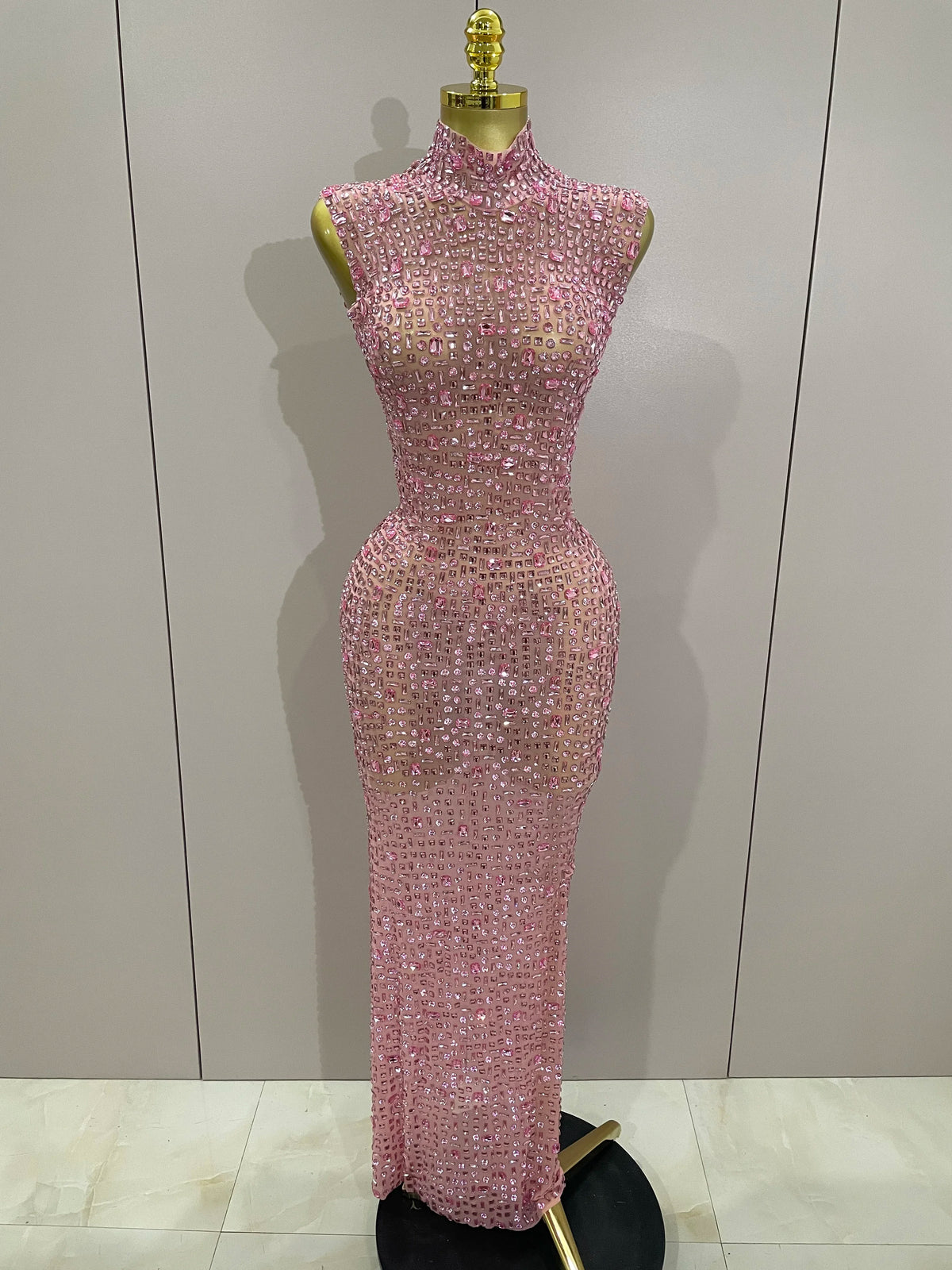 Luxury Sparkly Crystal Diamond Mesh See Through Maxi Long Dress Women Elegant Party Costume Singer Sexy Stage Performance Outfit