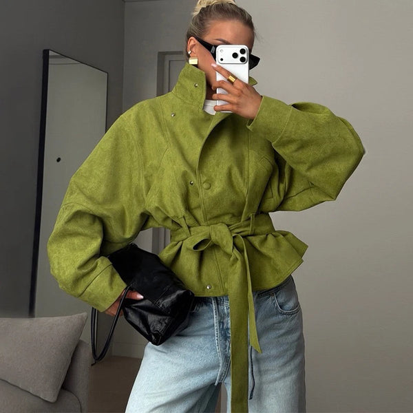 Elegant Women's Belt Lapel Suede Jacket Loose Long Sleeves Single Breasted Lace Up Coat 2026 Autumn Lady Casual Chic Jackets