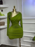 Women Long Sleeve Floral Applique Skew Collar Stacked Ruched Bodycon Midi Dress Vacation Holiday Party Birthday Dresses