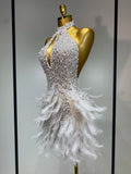 Luxury Rhinestones Pearls Halter Backless Short Feathers Dress Women Sexy Celebrate Birthday Dress Performance Dance Costume