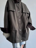 Retro Drew-string Jackets Women's Loose Full Sleeves Buttons Zipper Pockets Lapel Coats 2026 New Ladies Autumn Solid Outwear