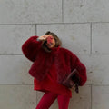 Women Fur Coat Women 2025 Plush Red Bomber Jacket Solid Crop Long Sleeve Jacket Warm Winter Coats Female Casual Coats